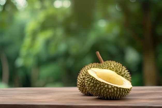 Durian on wood background with green nature background