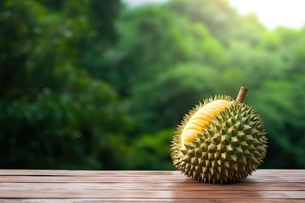 A durian on a wooden table with a green background.