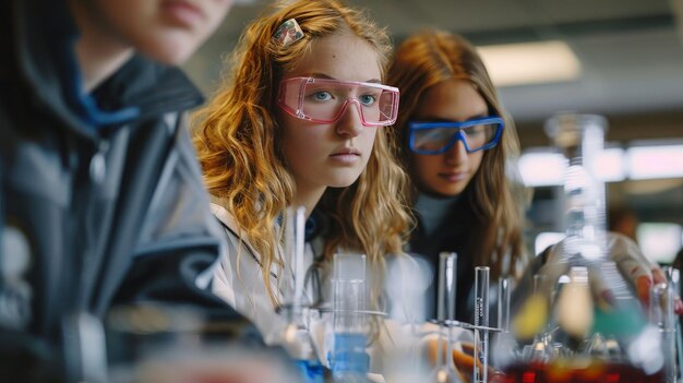 Photo during a chemistry class students conduct experiments to observe chemical reactions