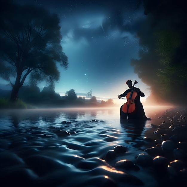 At dusk under the canopy of a starlit sky the cellist rehearses passionately by the tranquil river