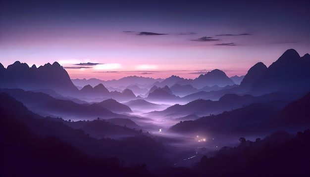 Dusk descends on misty mountains with a village aglow and stars peeking out