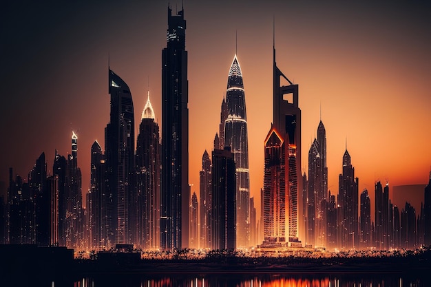 At dusk the Dubai skyline