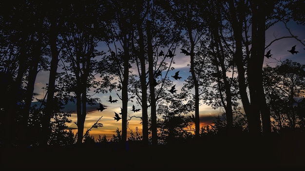 Dusk forest silhouette with silhouettes of bats fly