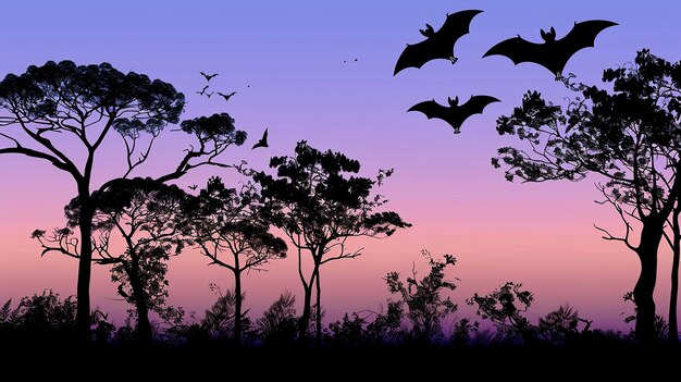 Photo dusk forest silhouette with silhouettes of bats fly