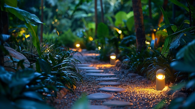 At Dusk Illuminated Pathway through Tropical Garden Generative AI