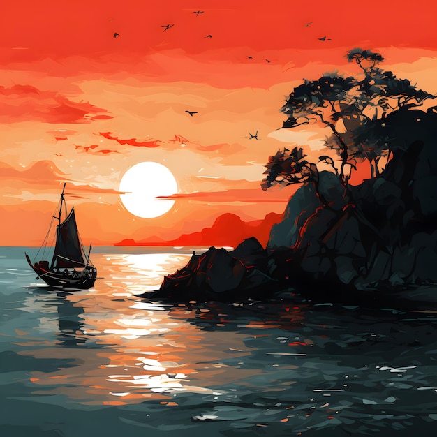 At dusk the light of the setting sun falls on the sea stop method Chinese Ink style 8K high res