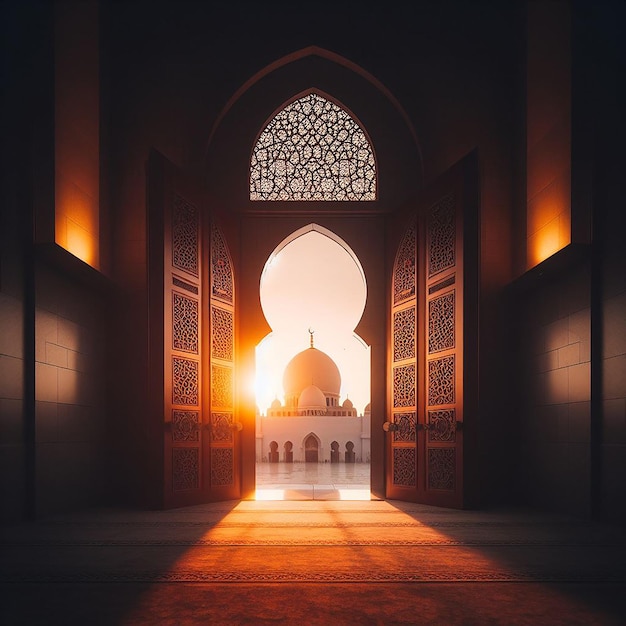 Dusk Scene with Warm Glow of Setting Sun Illuminating Mosque Door and Dome Silhouette