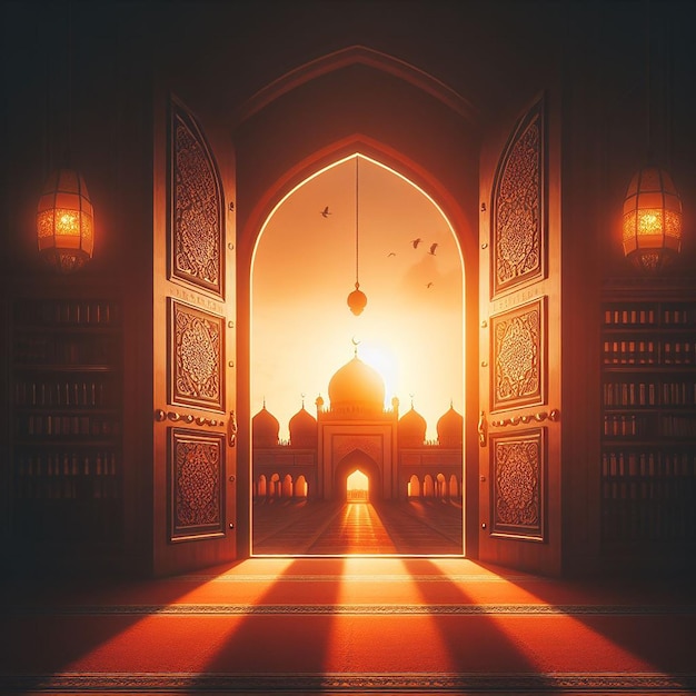 Dusk Scene with Warm Glow of Setting Sun Illuminating Mosque Door and Dome Silhouette