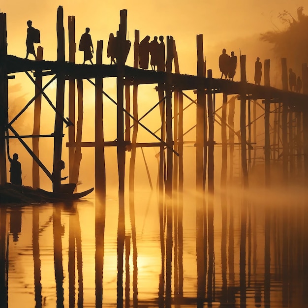 Dusk Silhouettes on Rustic Wooden Bridge Reflection