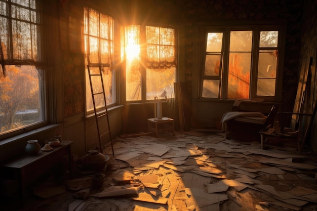 Dusk sun rays filtering through broken windows created with generative ai