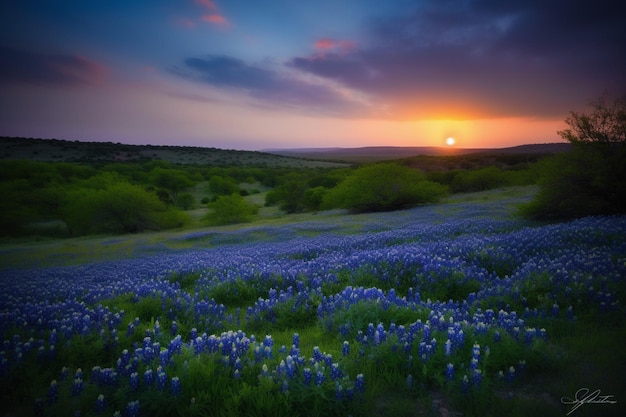 Dusk in the Texas Hill Country with bluebonnets