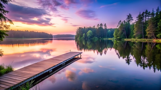 Photo dusk at tranquil lakeside with wooden pier and soft sky reflections