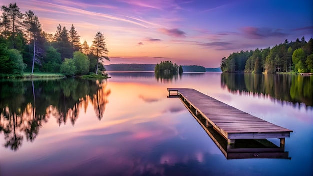 Photo dusk at tranquil lakeside with wooden pier and soft sky reflections