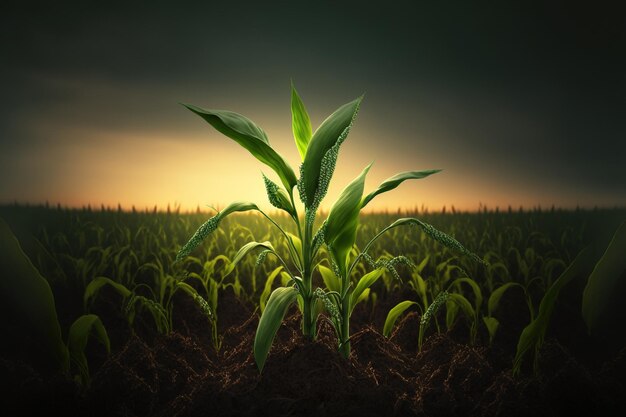 At dusk young green corn is growing on a field young plants of corn