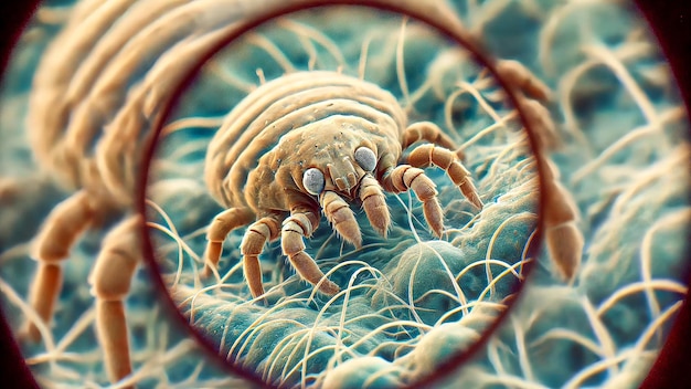 dust mites on a fabric surface seen through a microscope