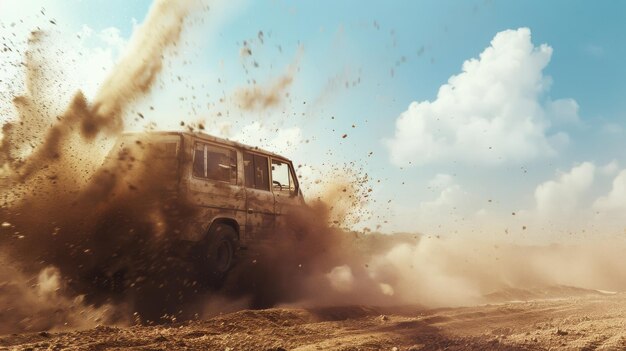 A dusty offroad vehicle kicks up a massive cloud of debris while racing through a rugged sunlit desert landscape