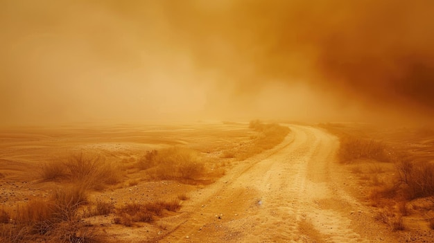 Photo dusty road in arid desert during sandstorm with limited visibility