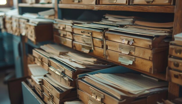 Photo dusty wooden filing cabinets stacked with paperwork in a vintage archive room