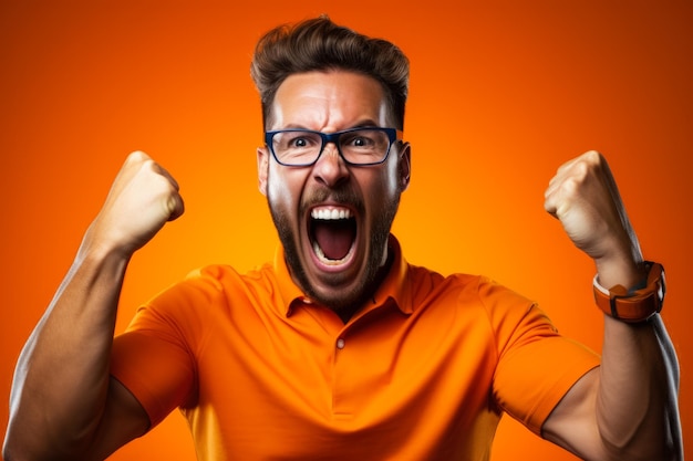 Dutch football fan celebrating a victory on orange background with empty space for text