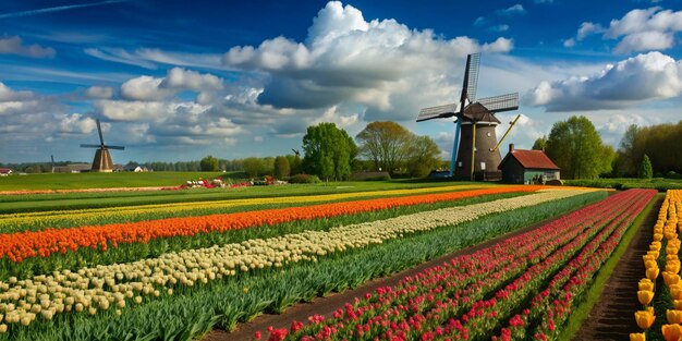 Photo dutch landscape beautiful dutch rural landscapes with colourful fields of tulips in the foreground and traditional windmills in the distance