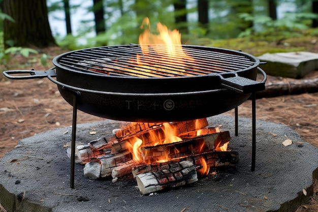 Dutch oven simmering on a fire pit grill grate created with generative ai