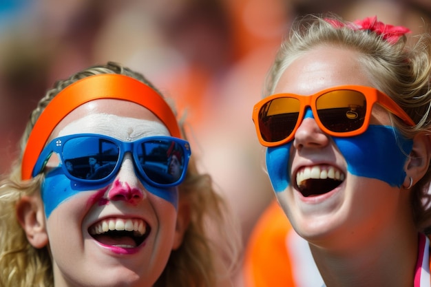 Photo dutch spectators with faces painted with the colors of the flag celebrating their team39s victory ar 32 style raw stylize 50 v 6 job id d51386a954a54e5fafd03d81403964c4