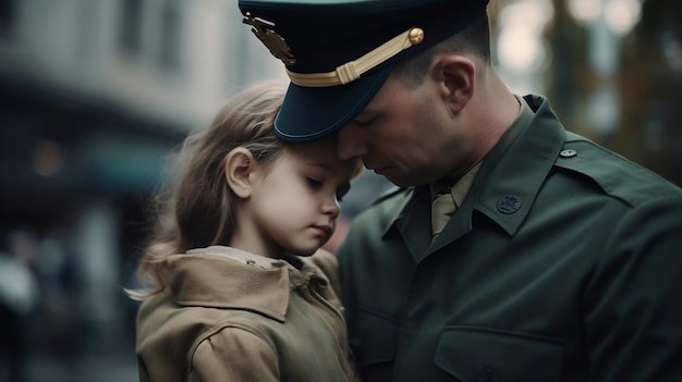 Duty Calls A Soldier Bids Farewell to His Daughter with Sadness in His Eyes