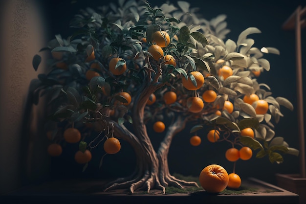 Dwarf tangerine mandarin tree illustration Generative AI