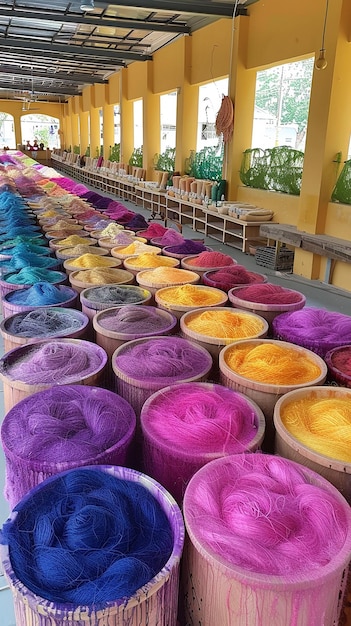 Photo dyeing fabrics and yarn in production farm