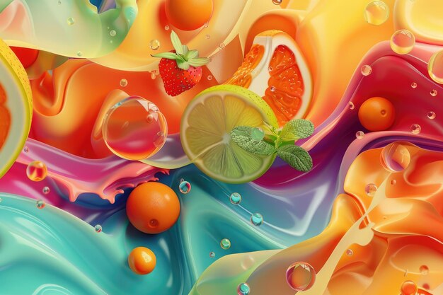 Photo dynamic 3d wellness illustration swirling juice energy abstract fruit vitality