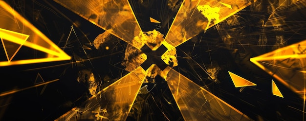 Photo dynamic abstract background featuring a glowing radiation symbol amidst explosive shards