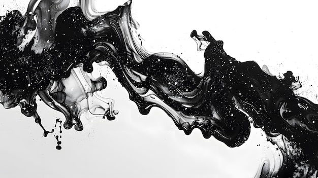 Photo dynamic abstract black paint strokes and splashes on clean white background with bold texture