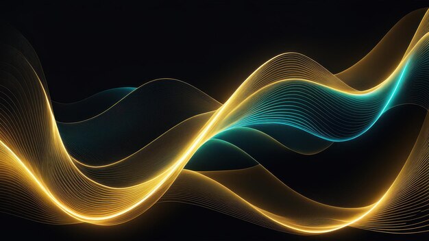 Photo a dynamic abstract design featuring flowing waves in gold and teal against a dark background