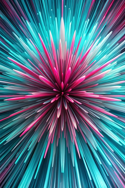 Photo dynamic abstract explosion of teal and pink streaks radiating from a central point resembling a burst of energy or a floral display