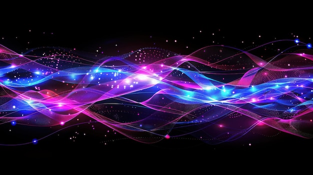 Dynamic Abstract Neon Light Pattern with Vibrant Pink and Blue Wavy Lines on Black Background