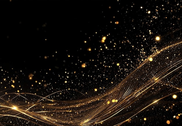 A dynamic and abstract scene of golden particles or sparks moving through a dark background