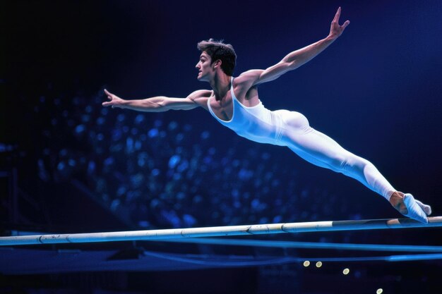 Dynamic acrobat performing on balance beam in evening show AI