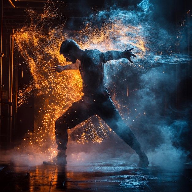 Photo dynamic action scene with highenergy movement and dramatic lighting