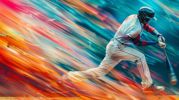 Photo dynamic action shot of baseball player swinging at pitch captured with motion blur effect