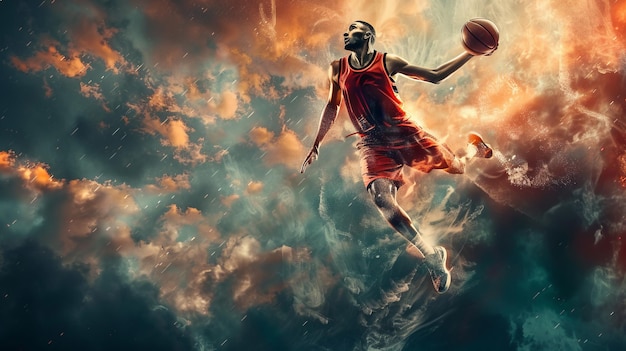 Dynamic action shot of a basketball player in midair while dunking the ball