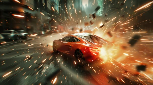 Photo dynamic action shot of a highspeed red sports car exploding on city street at night with dramatic sp