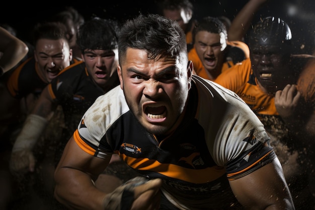 Dynamic action shot rugby player showing utmost determination in an epic sports photography moment