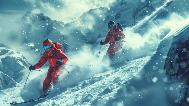 Photo dynamic actionpacked skiing adventure featuring two skiers racing down snowy mountain slopes