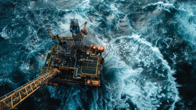 Photo a dynamic aerial shot of an offshore oil rig in the midst of the ocean showcasing the impressive sca