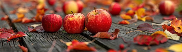 A dynamic angle capturing a festive scene of apples pumpkins and autumn leaves spread across a weathered wooden deck vibrant colors in focus set against a clean minimalist bac