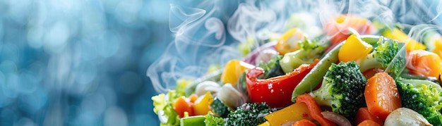 A dynamic angle capturing the preparation of a healthy vegetable stirfry vibrant colors and steam in focus set against a clean minimalist background wide space on the side for