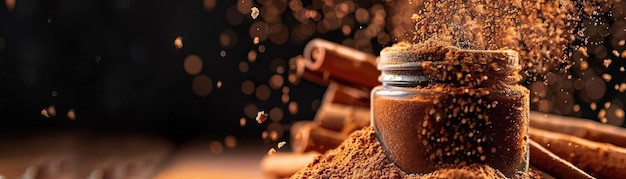 A dynamic angle capturing the sprinkling of cinnamon from a small cup vibrant textures in focus set against a clean minimalist background wide space on the side for advertising