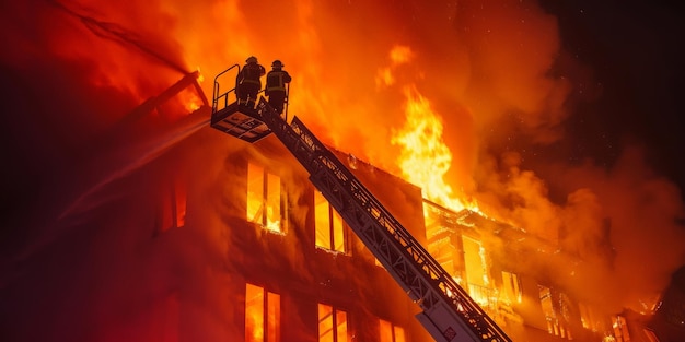 Dynamic angle of firefighters using an aerial ladder to reach flames engulfing upper floors of a building highlighting the fire39s scale and strategic tactics