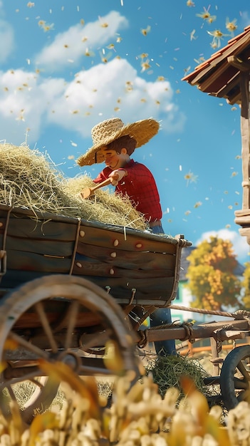 Photo dynamic animated farmer loading hay onto a cart rustic and lively