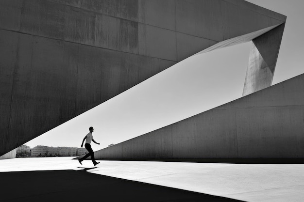 Photo dynamic architecture and silhouette of man walking under geometric urban structures